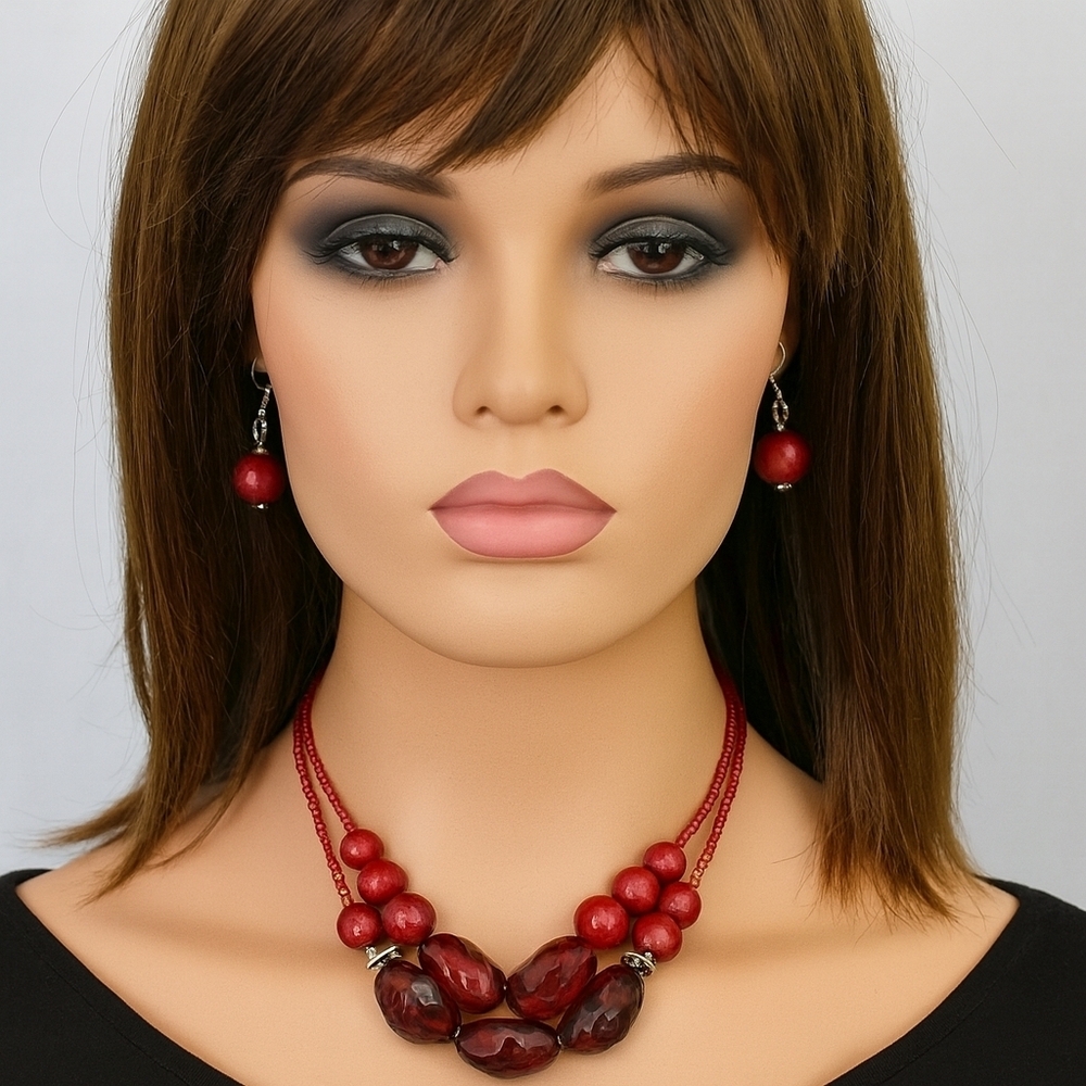 Multi Strand Red Multicolor Beads Statement Necklace & Earrings - Jewelry Set